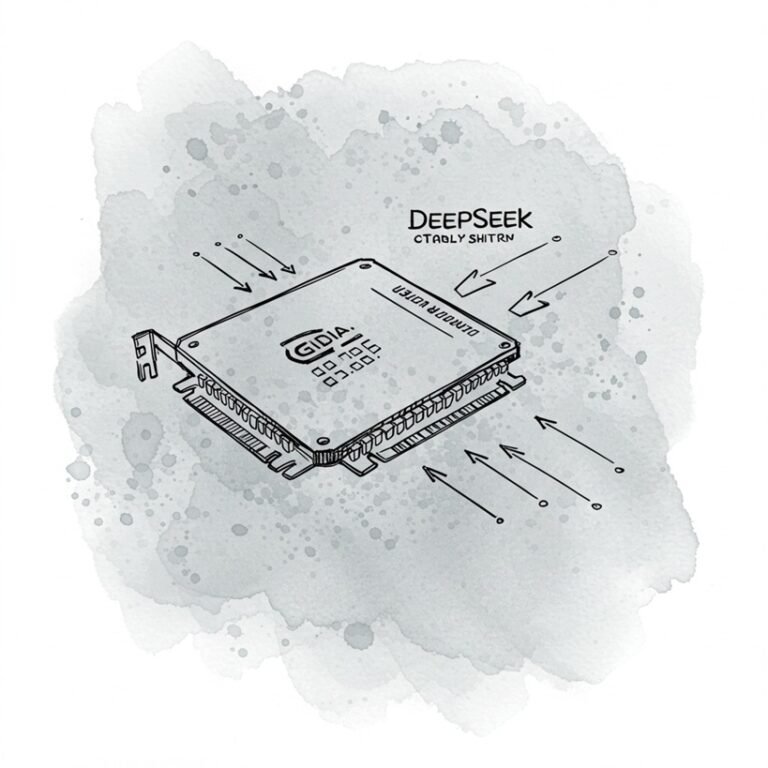 딥시크발 엔비디아 중국 GPU 부족 관련 스케치 스타일 썸네일 이미지, GPU 칩과 수요 상징