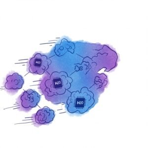 중국 내 치열한 AI 경쟁을 보여주는 스케치 스타일 이미지, 확장하는 노드와 GPU 아이콘