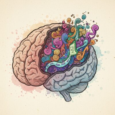 뇌의 일부가 화려한 패턴으로 채워진 일러스트