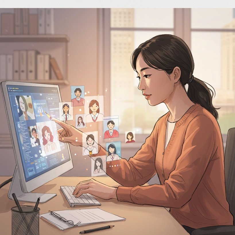 한 사람이 책상에 앉아 컴퓨터 화면을 보며 여러 AI 에이전트 아이콘들과 상호작용하는 모습을 그린 스케치. 에이전트 아이콘들은 화면 밖으로 나와 사람 주변을 맴도는 듯한 느낌을 준다.