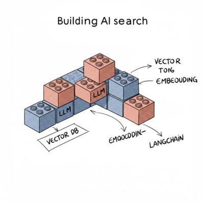 스케치 스타일로 그려진 여러 개의 레고 블록. 각 블록에는 Vector DB, Embedding, LLM, LangChain 등의 텍스트가 쓰여 있고, 이 블록들이 모여 'AI Search'라는 구조물을 만드는 모습. 오픈소스 컴포넌트로 AI 검색을 구축하는 개념.