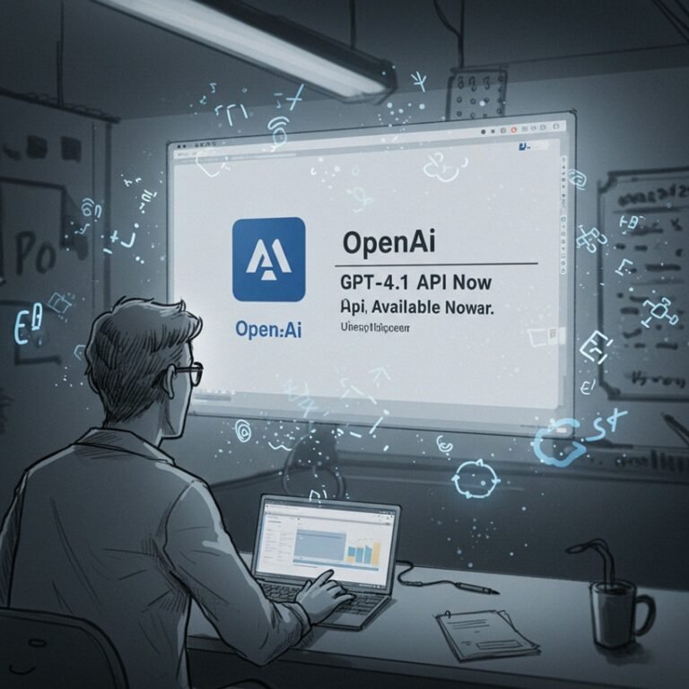 OpenAI 로고와 함께 'GPT-4.1 API Available Now'라는 문구가 표시된 화면을 개발자가 바라보는 스케치. 주변에는 코드 심볼들이 떠다닌다.