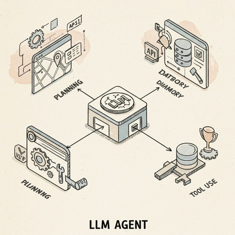 LLM AGENT의 핵심 개념인 계획, 기억, 도구 사용 및 외부 상호작용을 아이소메트릭 뷰로 표현한 거친 질감의 스케치 일러스트.