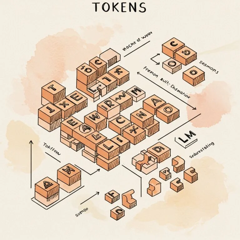 LLM이 텍스트를 이해하는 기본 단위인 토큰(Token)을 다양한 모양의 레고 블록으로 표현한 아이소메트릭 스케치.