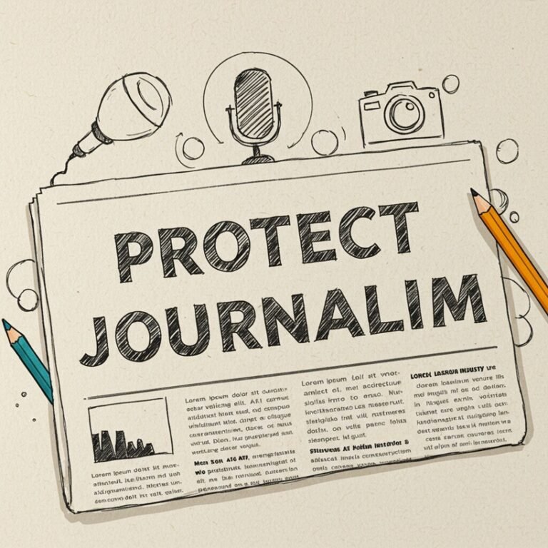 스케치 스타일로 그려진 신문 1면 이미지. 헤드라인에 "Protect Journalism" 문구가 크게 쓰여 있고, 주변에는 마이크와 카메라 아이콘이 그려져 있음. 미디어 업계의 AI 콘텐츠 보호 요구 캠페인 시작을 상징.