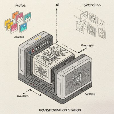 사진 아이콘이 'Pencilizing AI' 스테이션을 통과해 스케치 아이콘으로 변환되는 아이소메트릭 뷰의 거친 스케치.