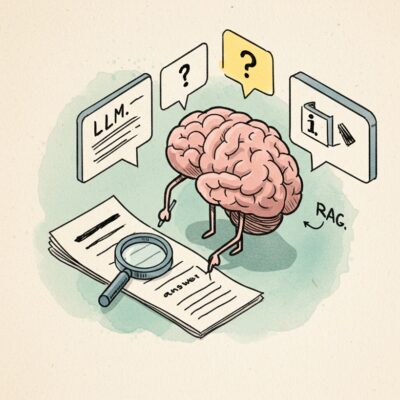 LLM 아이콘이 질문을 받고 외부 지식(책/DB)을 검색 도구(돋보기)로 찾아본 후 답변을 작성하는 RAG 과정을 오픈북 시험에 비유한 아이소메트릭 뷰의 거친 질감 스케치 일러스트.