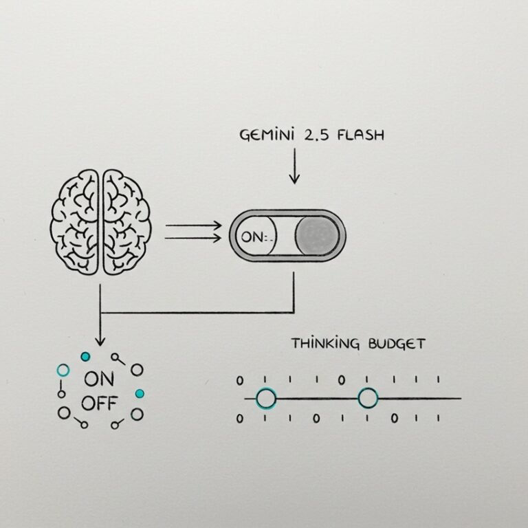 뇌 아이콘과 스위치(ON/OFF), 예산 조절 슬라이더가 연결되어 AI 모델의 하이브리드 추론 및 사고 예산 제어 기능을 시각적으로 표현한 개념 스케치.