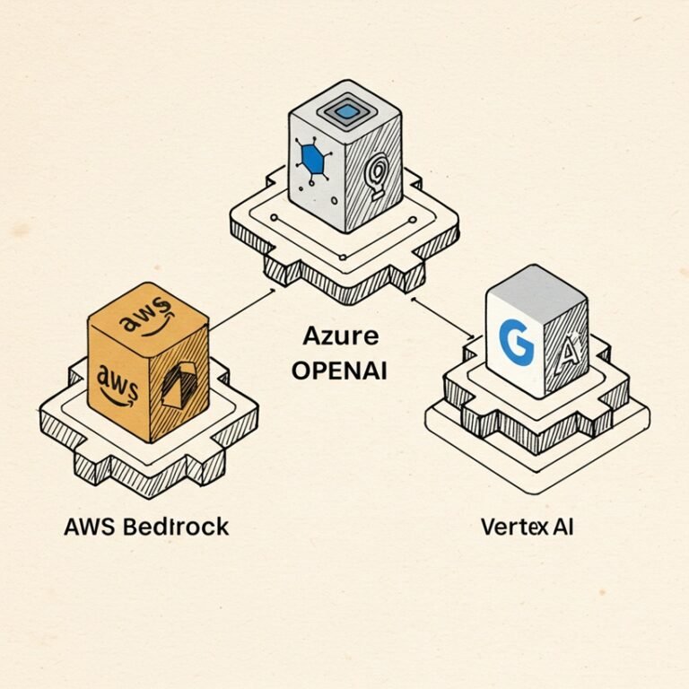 AWS Bedrock, Azure OpenAI Service, Google Vertex AI 로고가 비교되는 형태로 아이소메트릭 뷰에 배치된 거친 질감의 스케치 일러스트.
