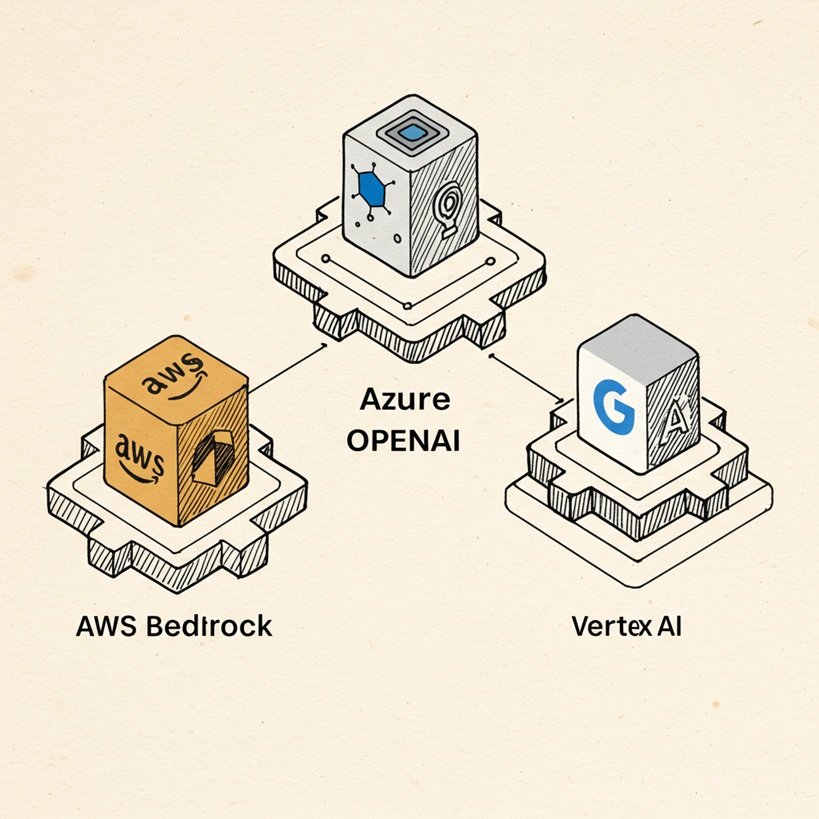 AWS Bedrock, Azure OpenAI Service, Google Vertex AI 로고가 비교되는 형태로 아이소메트릭 뷰에 배치된 거친 질감의 스케치 일러스트.