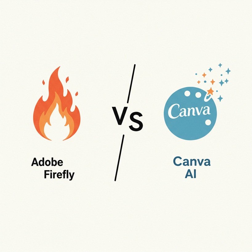 Adobe Firefly와 Canva 로고 또는 상징물이 디자인 AI 비교를 나타내며 대치된 아이소메트릭 뷰의 거친 질감 스케치 일러스트.