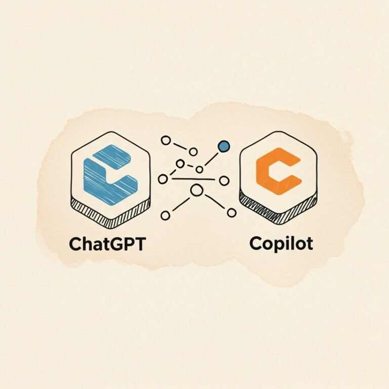 ChatGPT와 Microsoft Copilot 로고가 나란히 배치되어 생산성 향상을 위한 비교 또는 시너지를 나타내는 아이소메트릭 뷰의 거친 질감 스케치 일러스트.