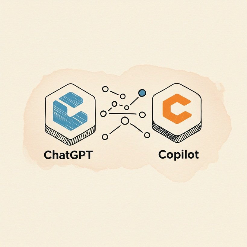 ChatGPT와 Microsoft Copilot 로고가 나란히 배치되어 생산성 향상을 위한 비교 또는 시너지를 나타내는 아이소메트릭 뷰의 거친 질감 스케치 일러스트.