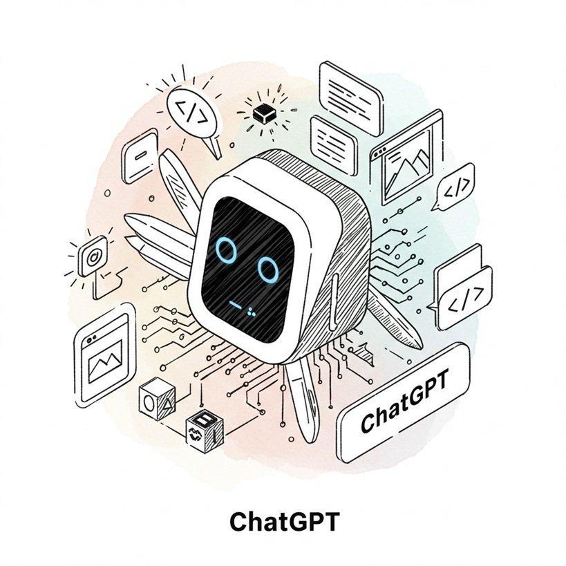 ChatGPT 로고 또는 범용성/창의성을 상징하는 아이콘(스위스 칼, 아이디어 불꽃)과 다양한 기능 아이콘들을 아이소메트릭 뷰로 표현한 거친 질감의 스케치 일러스트.
