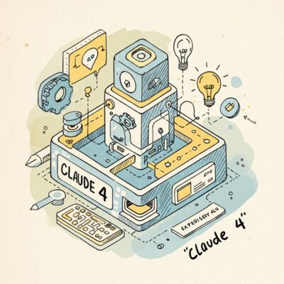 Claude 4의 핵심 개념(확장 사고, 도구 사용)을 아이소메트릭 뷰로 표현한 거친 질감의 스케치 일러스트.