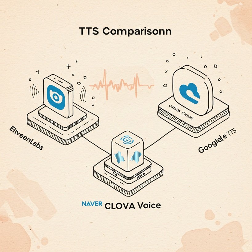 ElevenLabs, Naver CLOVA Voice, Google Cloud TTS 로고 또는 아이콘이 비교되는 형태로 아이소메트릭 뷰에 배치된 거친 질감의 스케치 일러스트.