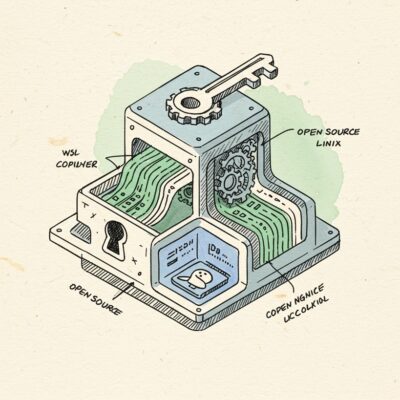 GitHub Copilot과 WSL 오픈 소스의 핵심 개념을 아이소메트릭 뷰로 표현한 거친 질감의 스케치 일러스트. 복잡한 코드 엔진이 열쇠로 잠금 해제되고 내부 구조가 드러나는 모습.