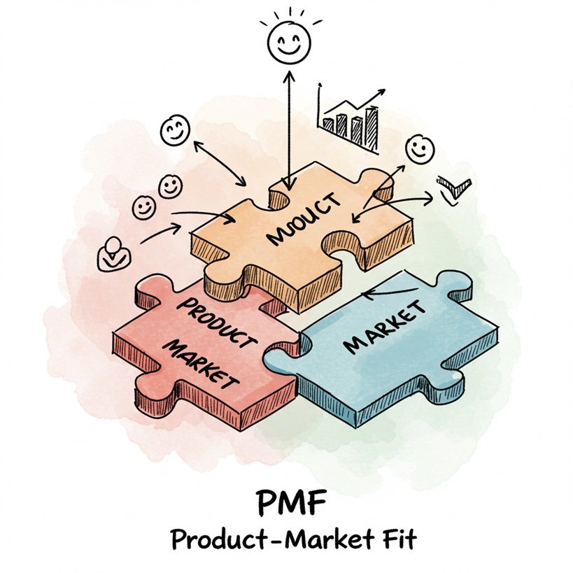 PMF(제품 시장 궁합)**의 핵심 개념을 아이소메트릭 뷰로 표현한 거친 질감의 스케치 일러스트. '제품'과 '시장' 퍼즐 조각이 완벽하게 맞아떨어지는 모습.
