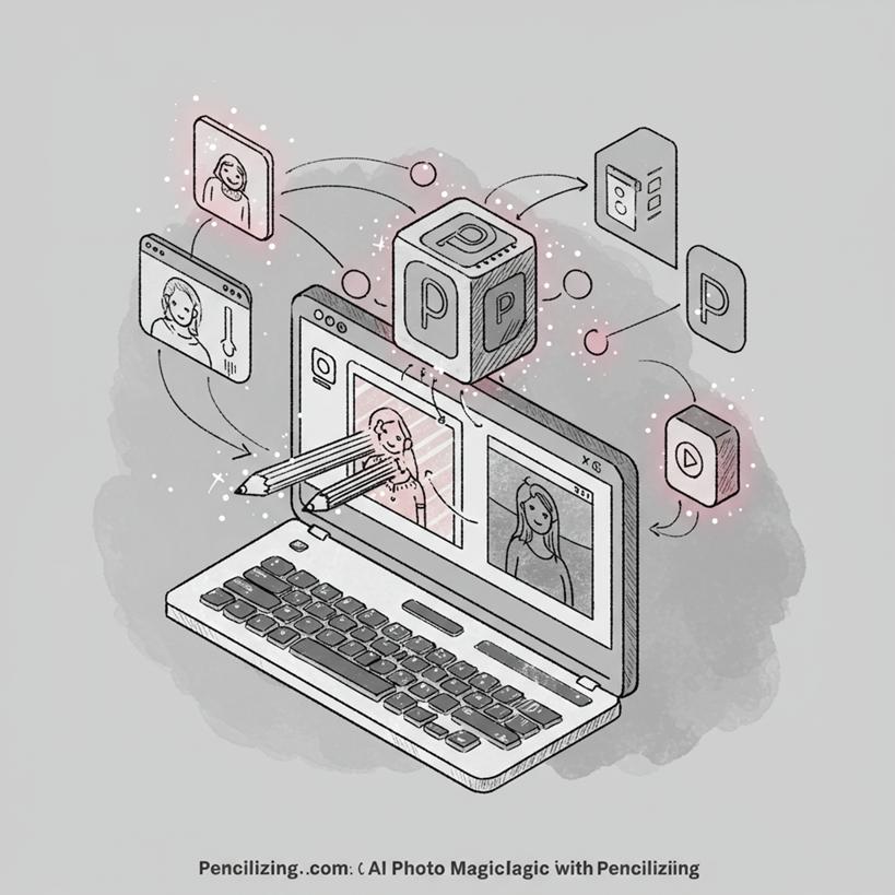 AI 기술이 Pencilizing.com 웹사이트에서 Pencilizing AI를 통해 사진을 다양한 예술 스타일(연필 스케치, 애니메이션 등)로 변환하는 모습을 아이소메트릭 뷰로 표현한 거친 질감의 스케치 일러스트.