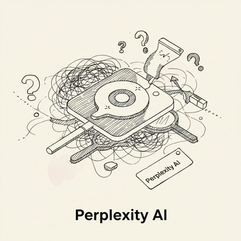 Perplexity AI 로고 또는 명확한 답변과 출처를 찾아주는 나침반/돋보기 아이콘을 아이소메트릭 뷰로 표현한 거친 질감의 스케치 일러스트.