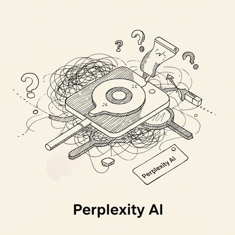Perplexity AI 로고 또는 명확한 답변과 출처를 찾아주는 나침반/돋보기 아이콘을 아이소메트릭 뷰로 표현한 거친 질감의 스케치 일러스트.
