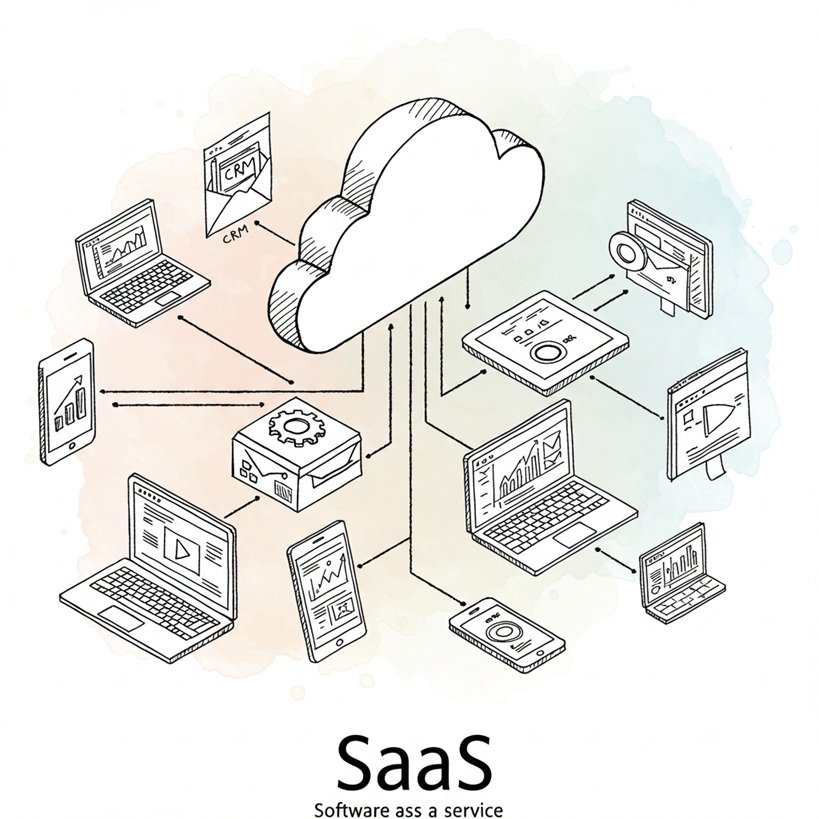 SaaS(서비스형 소프트웨어)**의 핵심 개념을 아이소메트릭 뷰로 표현한 거친 질감의 스케치 일러스트. 중앙의 클라우드에서 다양한 소프트웨어 아이콘이 나와 여러 기기로 연결되는 모습.