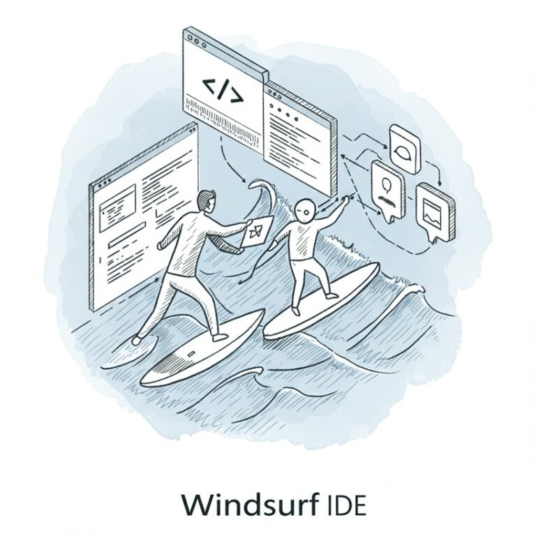 Windsurf 로고 또는 개발자와 AI 에이전트가 코드 파도를 함께 타는 듯한 협업/흐름 이미지를 아이소메트릭 뷰로 표현한 거친 질감의 스케치 일러스트.