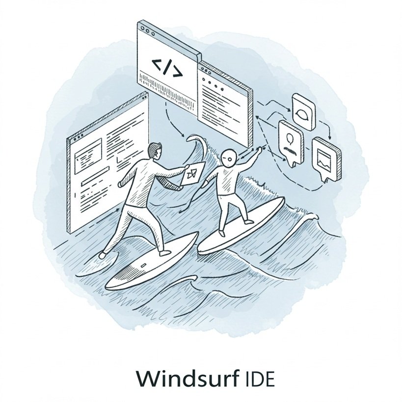 Windsurf 로고 또는 개발자와 AI 에이전트가 코드 파도를 함께 타는 듯한 협업/흐름 이미지를 아이소메트릭 뷰로 표현한 거친 질감의 스케치 일러스트.