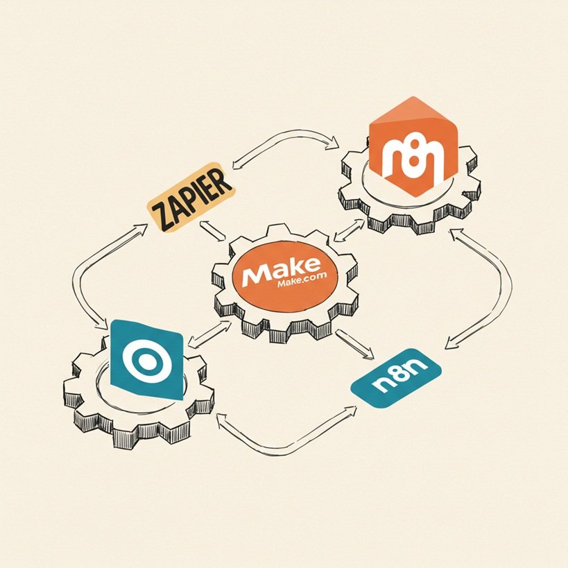 Zapier, Make.com, n8n 로고가 연결된 기어나 워크플로 경로 위에 비교되는 형태로 배치된 아이소메트릭 뷰의 거친 질감 스케치 일러스트