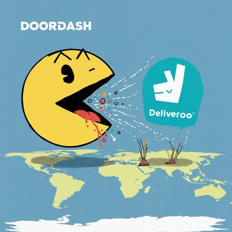 도어대시(DoorDash) 로고가 새겨진 큰 팩맨이 딜리버루(Deliveroo) 로고를 삼키며 세계 지도 위로 확장해 나가는 모습의 스케치.