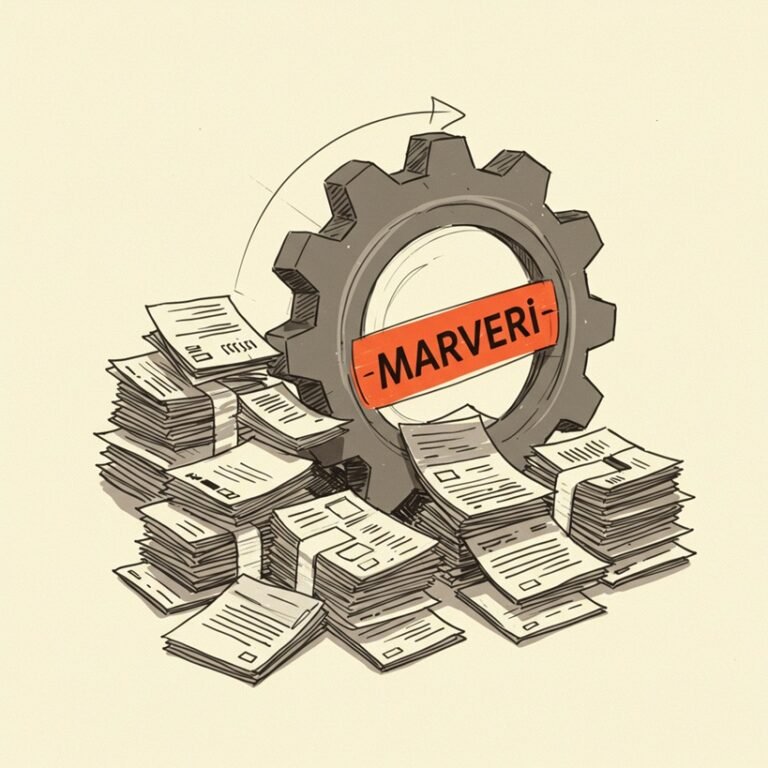 마베리(Marveri) 로고가 새겨진 톱니바퀴가 돌아가며 복잡한 법률 문서들을 질서정연하게 정리하는 모습의 스케치, 기업 실사 과정의 혁신을 상징.