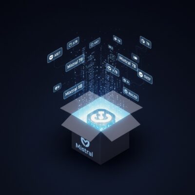 아이소메트릭 뷰, 중앙에 'Mistral AI' 로고가 있는 개방된 상자가 있고, 그 안에서 'Mistral 7B', 'Mixtral 8x7B' 라벨이 붙은 빛나는 코드 조각들이 나와 전 세계 개발자 아이콘들에게 퍼져나가는 모습. 오픈소스와 공유를 상징하는 스케치.
