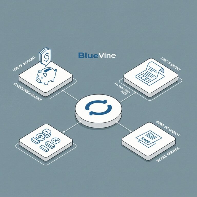아이소메트릭 뷰, 중앙의 'BlueVine' 로고 허브에 'Checking Account'(돼지 저금통 아이콘), 'Line of Credit'(자금 그래프 아이콘), 'Bill Pay'(청구서 아이콘) 기능 블록이 연결되어 중소기업 아이콘에게 서비스를 제공하는 모습. 통합성과 편리함을 강조하는 스케치.