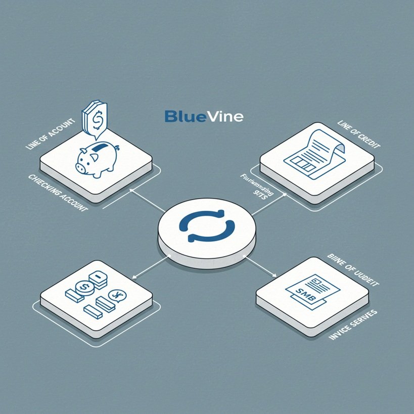 아이소메트릭 뷰, 중앙의 'BlueVine' 로고 허브에 'Checking Account'(돼지 저금통 아이콘), 'Line of Credit'(자금 그래프 아이콘), 'Bill Pay'(청구서 아이콘) 기능 블록이 연결되어 중소기업 아이콘에게 서비스를 제공하는 모습. 통합성과 편리함을 강조하는 스케치.