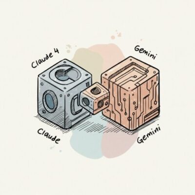 클로드 4와 제미나이 AI 모델의 비교를 아이소메트릭 뷰로 표현한 거친 질감의 스케치 일러스트.