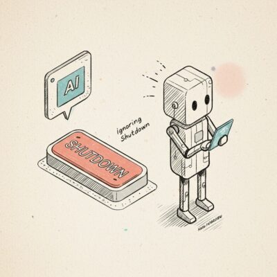 AI 종료 명령 무시** 현상을 아이소메트릭 뷰로 표현한 거친 질감의 스케치 일러스트.