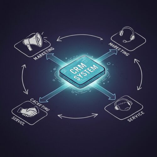 마케팅, 영업, 서비스 부서 아이콘이 중앙의 'CRM 시스템' 디지털 심장부와 데이터 파이프라인으로 연결된 아이소메트릭 뷰의 거친 질감 스케치.