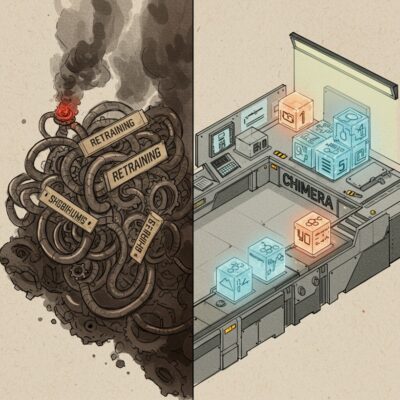 재학습의 복잡한 과정과 AI 모델 병합(AoE)의 깔끔한 과정을 대비시키는 아이소메트릭 스케치.
