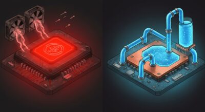 과열되어 붉게 빛나는 GPU 칩의 절반은 팬으로, 나머지 절반은 수랭 쿨링 파이프로 냉각되는 모습을 비교하는 아이소메트릭 컨셉 아트.