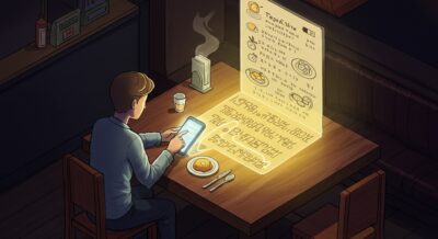한 사람이 레스토랑에서 외국어 메뉴판에 스마트폰을 비추자, AI가 특정 요리를 추천해주는 모습을 표현한 아이소메트릭 스케치.