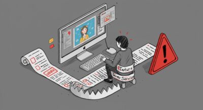 이용 약관 무시의 위험성을 나타내는 아이소메트릭 스케치. 한 사람이 AI 이미지가 뜬 컴퓨터를 보고 있고, 자신도 모르게 'Terms of Service'라고 적힌 긴 문서에 다리가 묶여 있음. 옆에는 붉은색 경고 아이콘이 보임.