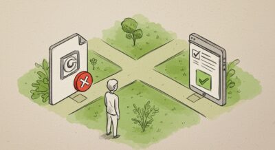 AI 이미지 저작권 문제를 상징하는 아이소메트릭 스케치. 한 사람이 갈림길에 서 있고, 한쪽 길은 저작권 기호와 붉은 X 표시가 있는 위험한 문서로, 다른 쪽 길은 녹색 체크 표시가 있는 안전한 문서로 이어짐.