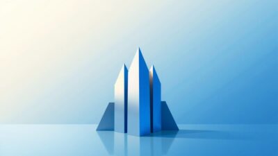 OpenAI의 풀 스택 AI 제국 건설 야망과 산업 성장을 상징하는 추상적이고 기하학적인 컨셉 이미지