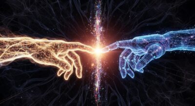 인간의 손과 빛으로 된 AI의 손이 협력하는 모습, AI 파트너십 상징