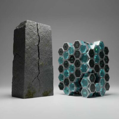 거대한 단일 블록(Dense)과 모듈형 구조(MoE)를 비교한 3D 아트