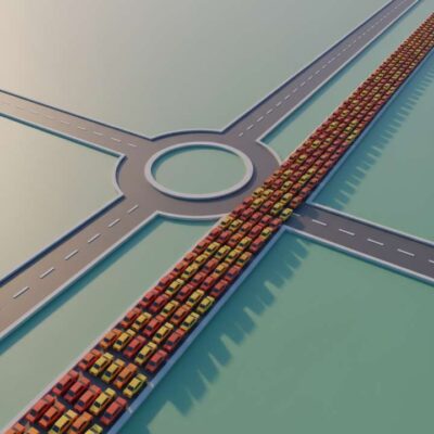 모든 트래픽이 한 곳으로만 몰리는 병목 현상을 표현한 3D 일러스트