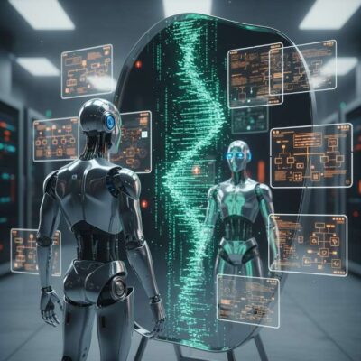 AI 에이전트가 자신의 결과물을 검토하고 수정하는 성찰 단계를 묘사한 이미지