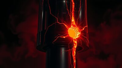 오픈AI 파산 시나리오와 AI 거품론을 상징하는, 붉은 빛의 균열이 가고 있는 거대한 유리 탑의 시네마틱한 모습