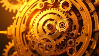 AI 추론 기능을 상징하는 정교하게 맞물린 황금빛 톱니바퀴와 빛나는 에너지 흐름이 담긴 시네마틱한 개념 예술 이미지