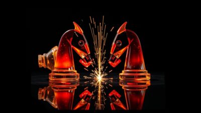 Kimi K2.5와 GPT-5.2의 성능 및 비용 경쟁을 상징하는 체스판 위 두 개의 빛나는 말과 드라마틱한 조명 효과.